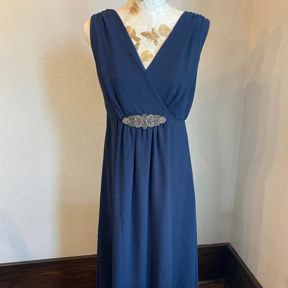 Long Navy Cocktail Dress with Beaded Adornment
